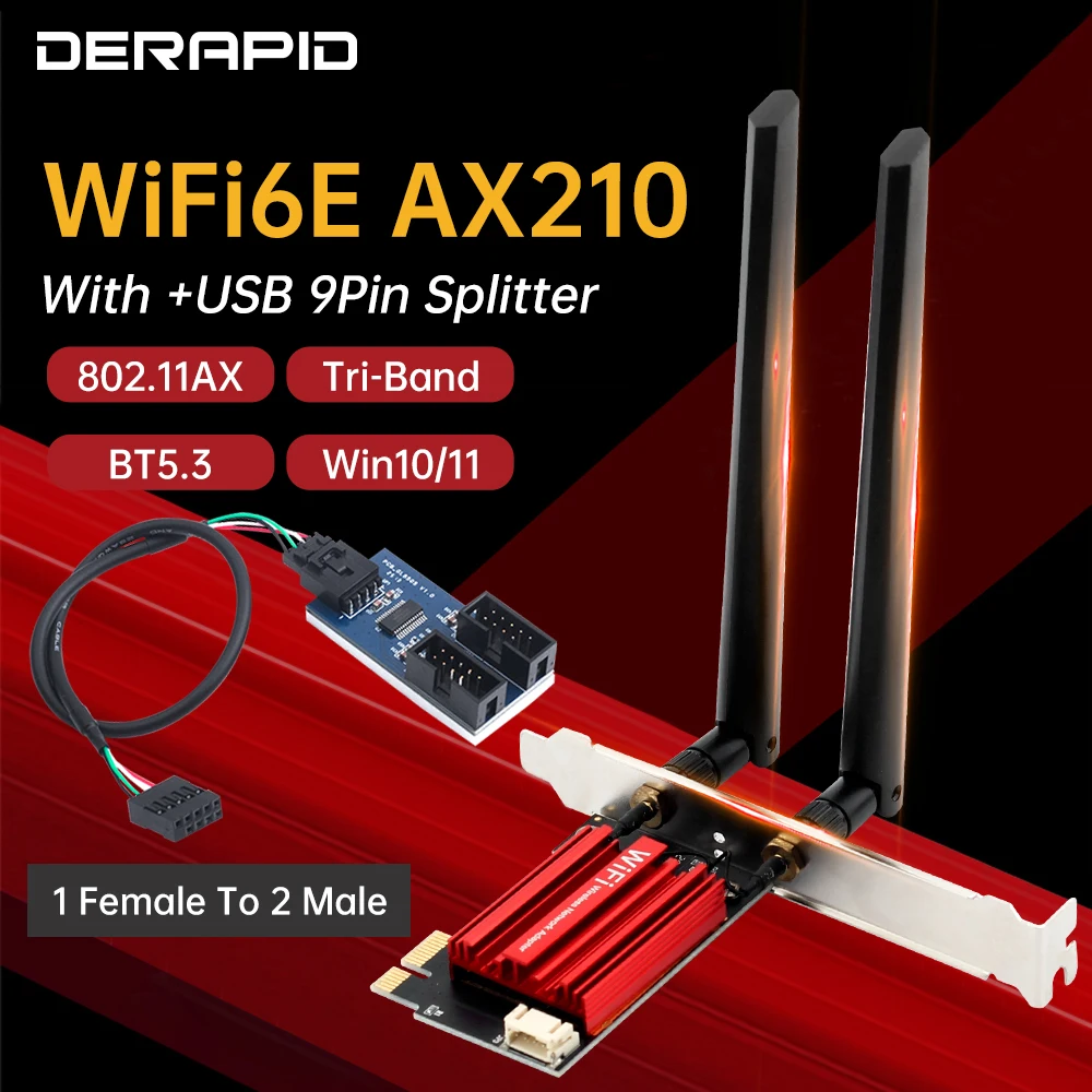 AX210NGW Wi-Fi 6E 5400 Mbit/s PCIe-Karte + BT 5.3 | 2,4G/5G/6GHz Tri-Band | Win11/10/Linux | PCIe Riser oder USB Kit für Desktop Image