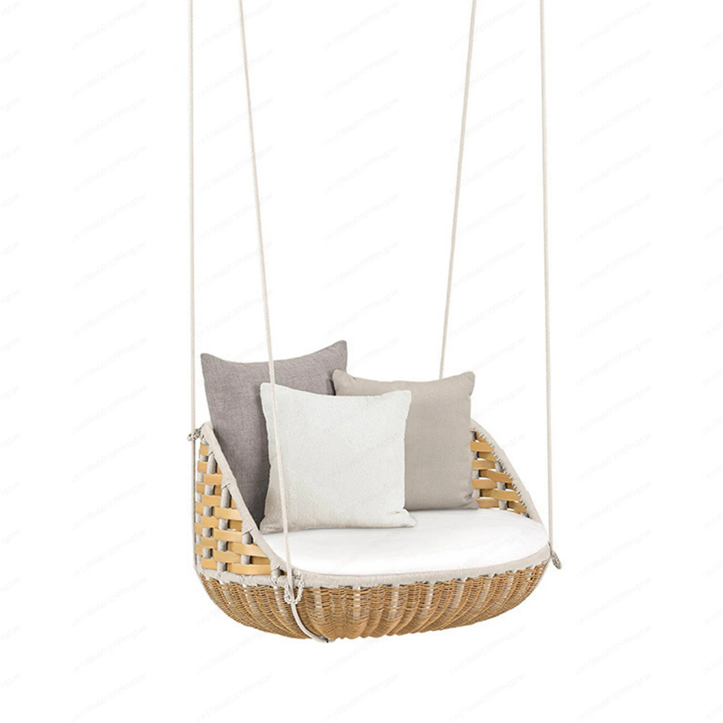 Runder, beige Hängematten-Schaukelstuhl aus Baumwollschlinge mit Fransen, hängender Design-Gartenmöbel-Schaukelstuhl Image