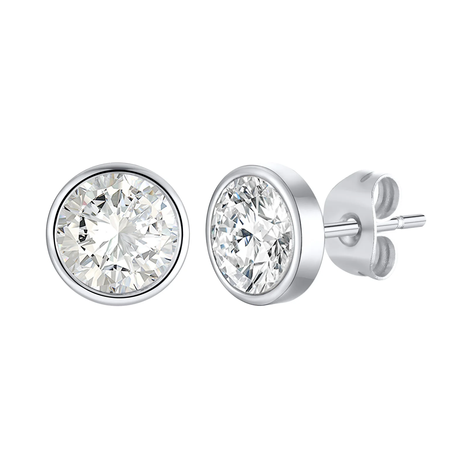 Runde Ohrstecker mit kubischem Zirkonia für Damen, 8 mm, Edelstahl, Metall, Bohe, schlichter Schmuck Image
