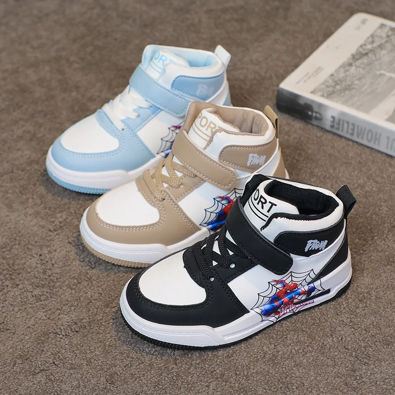 Freizeitschuhe für Kinder, Turnschuhe, knöchelhohe Schuhe, Frühlingsschuhe aus PU-Leder für Jungen, Klettverschluss, rutschfest, schwarz-blaue Schuhe, Größe 26–37