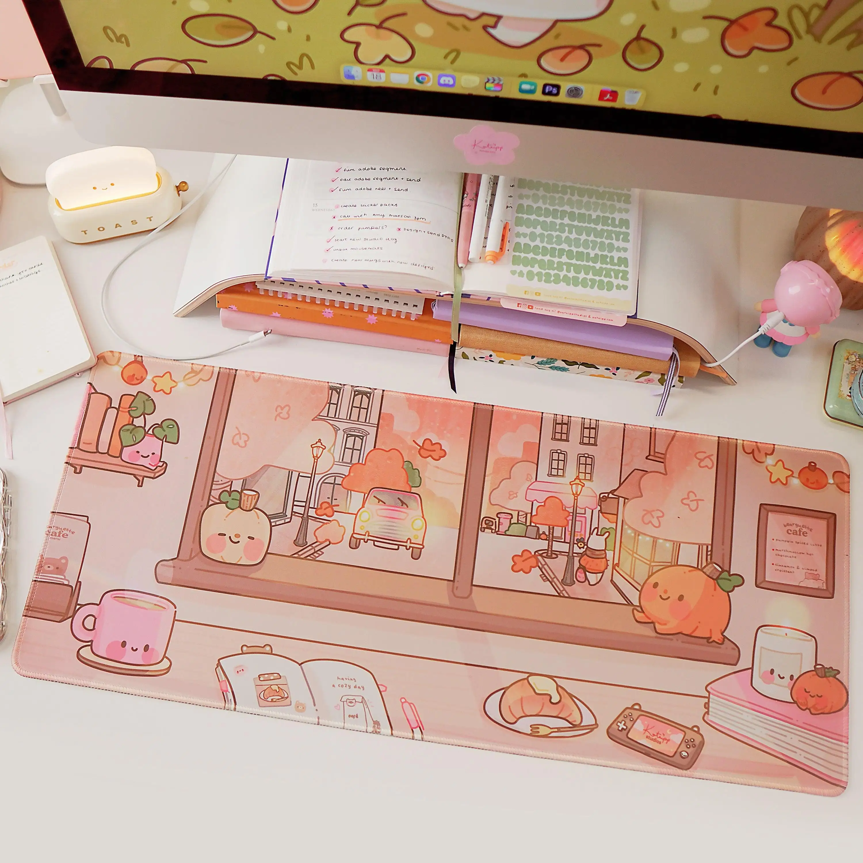 Herbst Gaming Mouse pad Katnipp Coffeeshop Szene Kawaii Schreibtisch matte Frauen Computer dekorative Schreibtisch matte niedlichen Handgelenk auflage Mauspad Image