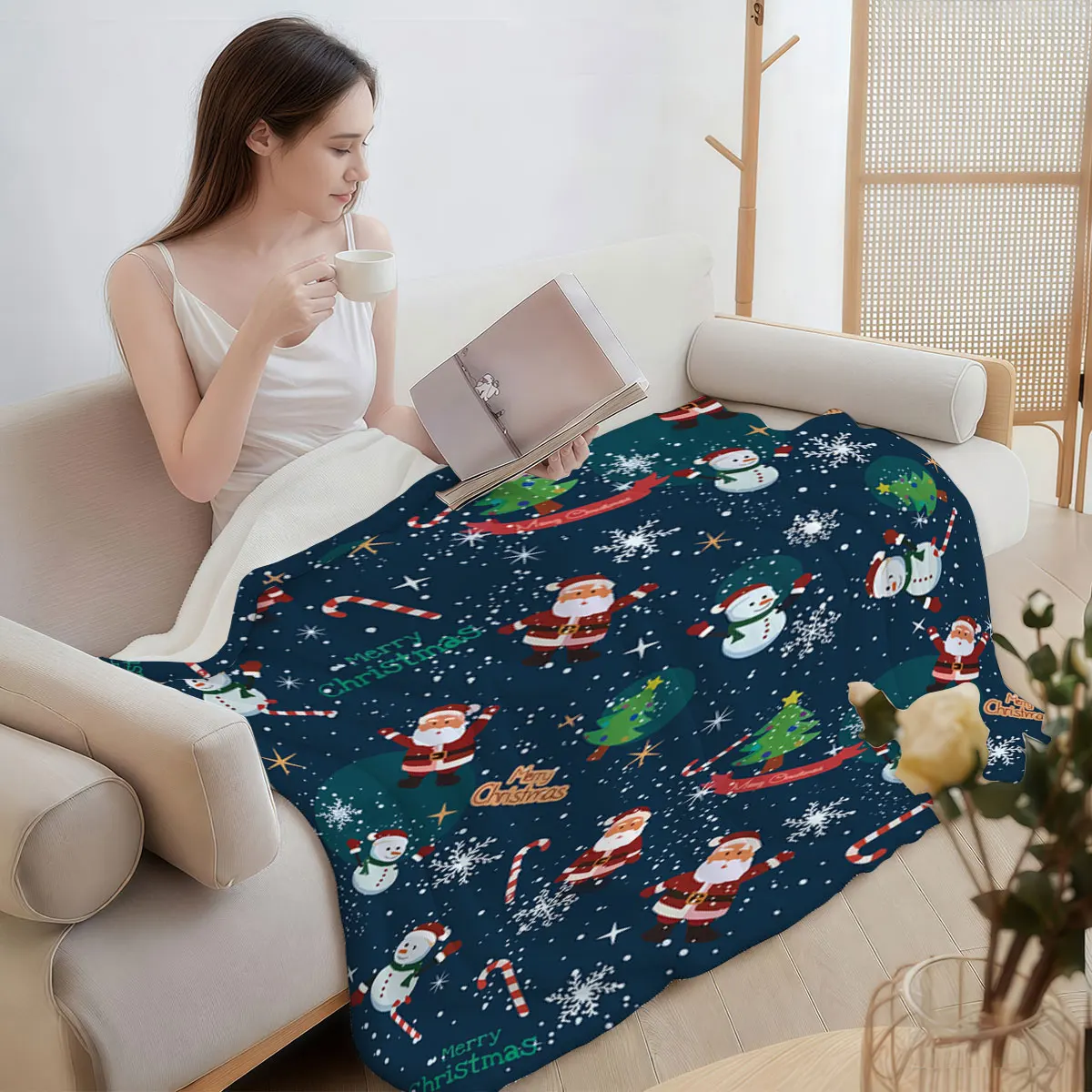 1 Stück Flanelldecke mit Cartoon-Weihnachtsmann-Aufdruck, mehrere Größen, Sofabezug, Teppich, Nickerchen, Decke, weich und bequem, maschinenwaschbar Image