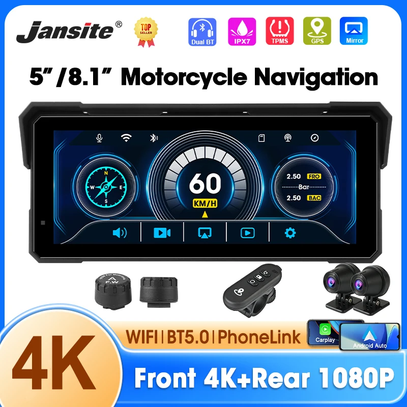 Freedconn Motorrad-Carplay-Navigation 8,1 Zoll GPS Wireless Carplay Android Auto IPX7 Wasserdicht Unterstützt 4K1080P Dual-Objektiv-DVR Image