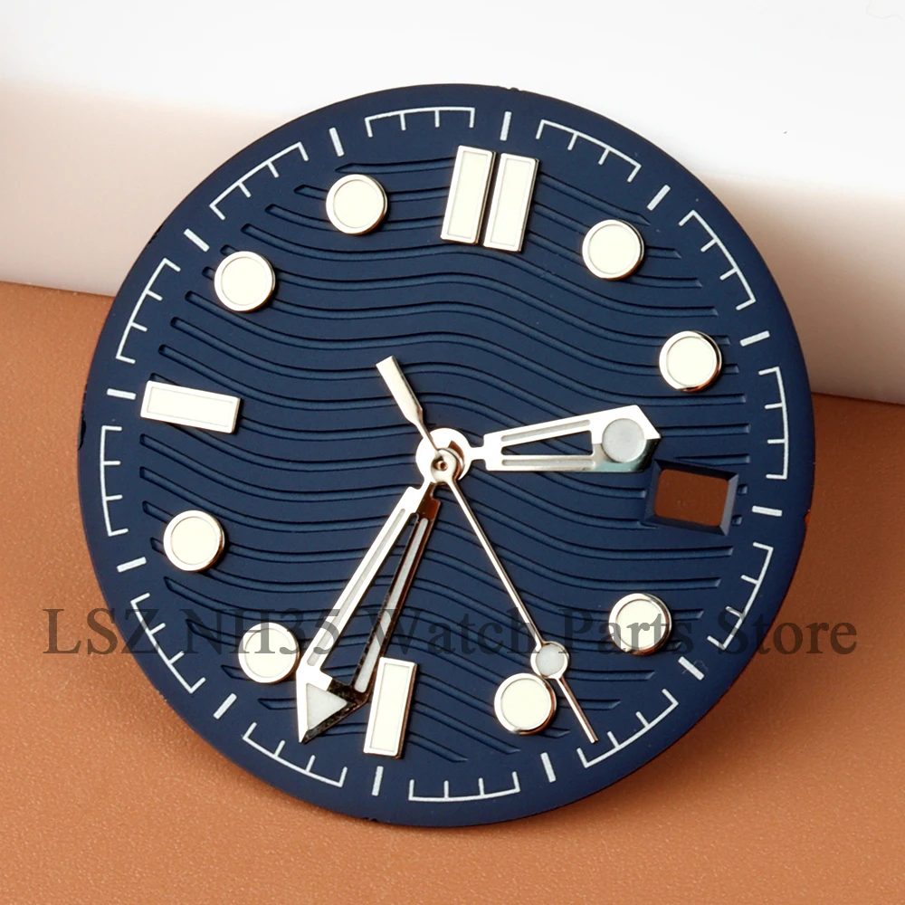 31 mm NH35 Dunkelblau/Schwarz Zifferblatt Zeiger Grün Leuchtend Fit Seamaster 300 Fit NH35 NH36 Uhrwerk 3'Clock Zifferblatt Uhrenteil