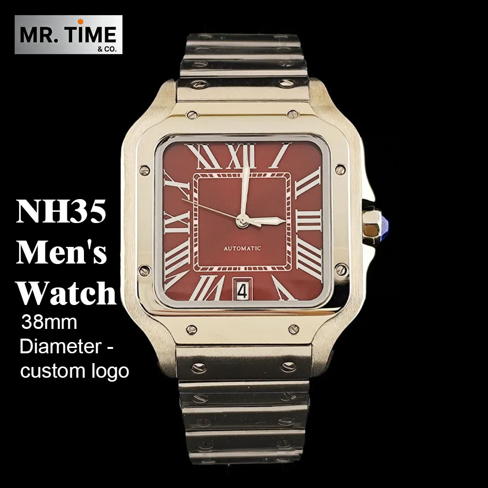 NEUE NH35 Uhr Weinrote Quadratische Uhr Hochwertige Edelstahl-Herrenuhr mit Individuellem Logo NH35 Uhrwerk Uhrenzubehör Image