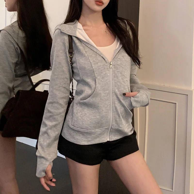 Graues Reißverschluss-Kapuzenpullover für Damen, 2022, neue koreanische Slim-Fit-Strickjacke, Langarm-Mantel, solide Taschen, Sport-Hoodies-Jacke Image