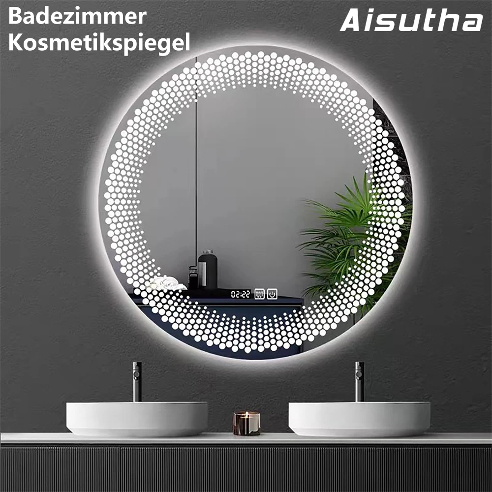 23,6 Zoll kleiner runder Punkt-Badezimmerspiegel, Badezimmerspiegel mit Beleuchtung, beleuchteter Kosmetikspiegel mit Hintergrundbeleuchtung, dimmbar & 3 Farben