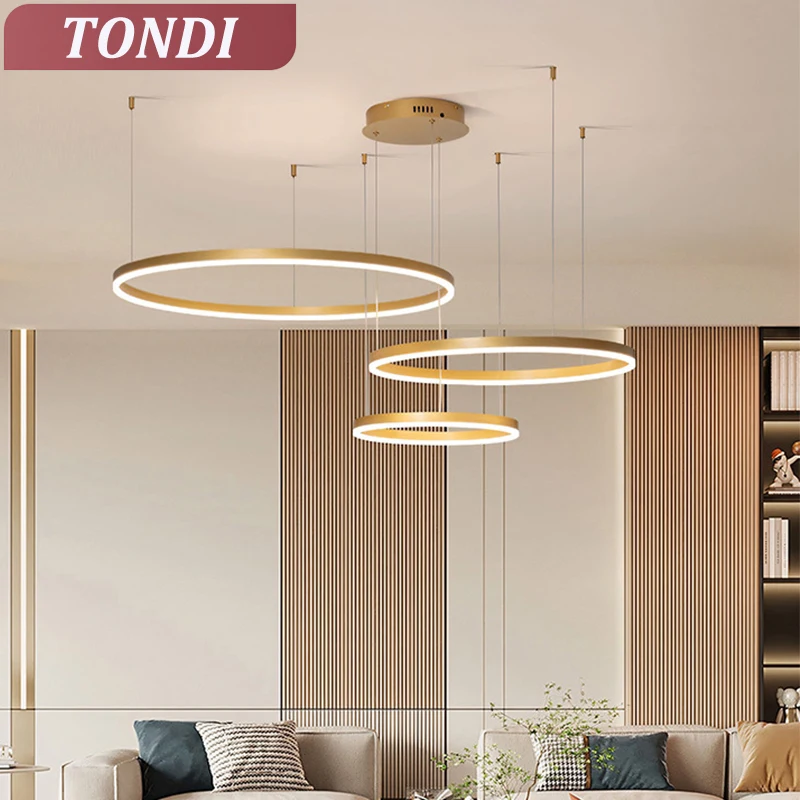 Minimalistischer moderner LED-Kronleuchter, Heimbeleuchtung, gebürstete Ringe, Deckenmontage, Kronleuchter, Beleuchtung, Hängelampe, goldener und schwarzer Rahmen