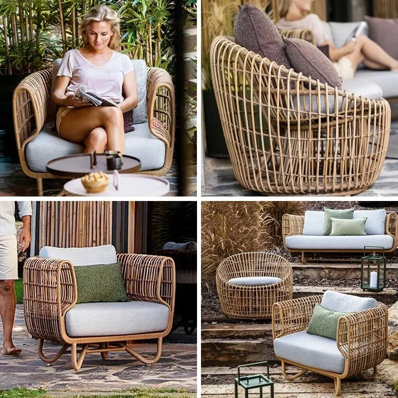 Outdoor-Sofa für Hof und Garten, Hotel, Kreatives Rattan-Bambus-Sofa mit Kaffeetisch-Kombination für Draußen Image