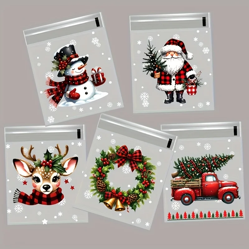 100 Stück Weihnachtsgeschenkverpackungsbeutel mit Schnee-Weihnachtsmann- und Stechpalmenmuster, selbstklebende Taschen für Weihnachtsdekoration und Geschenke Image