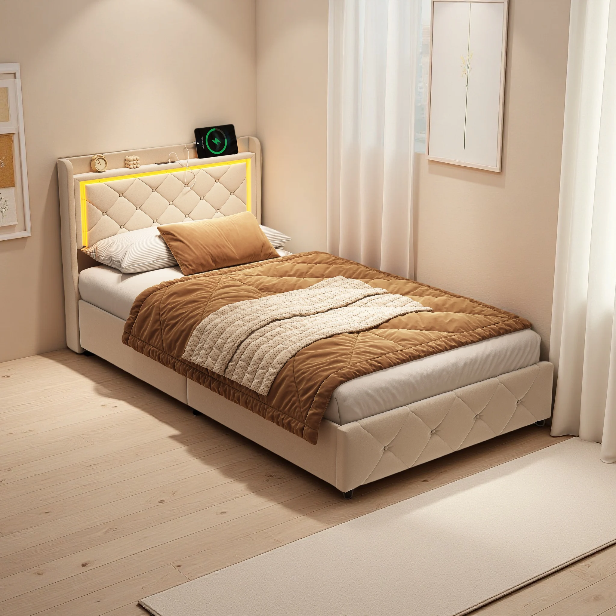 Rosahqnda 90 x 200 cm großes Einzelbett mit LED und USB-Anschluss, hydraulischer Stauraum oder Schubladenaufbewahrung, Bettrahmen für Jugendzimmer, Beige Image