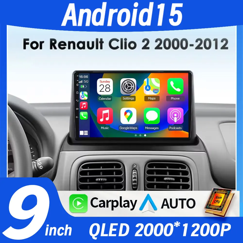 360 Kamera Android 15 Autoradio Für Renault Clio 2 2000-2012 drahtlose CarPlay Android Auto 2din auto intelligente systeme Keine DVD Image