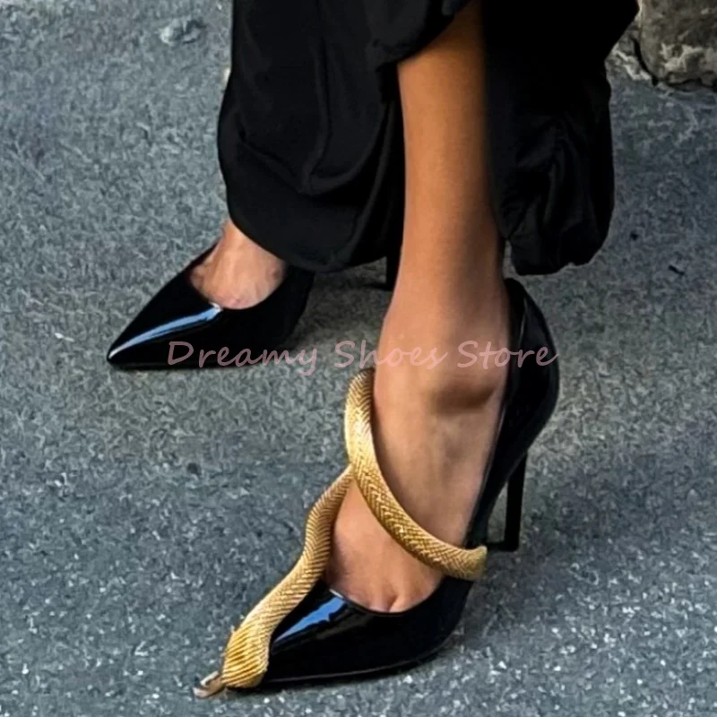 Schwarz Gold Schlange Dekor Spitz Stiletto Pumps Frauen Patent Leder Slip Auf High Heels Luxus Mode Party Bankett Damen Schuhe