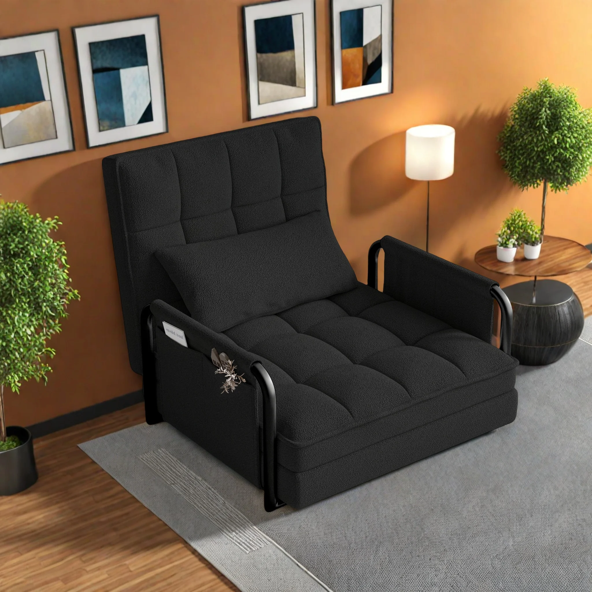 Schlafsofa, umwandelbarer Sessel 4 in 1, Sessel mit verstellbarer Rückenlehne, Sessel für Einzelbett, Wolle, Schwarz Image