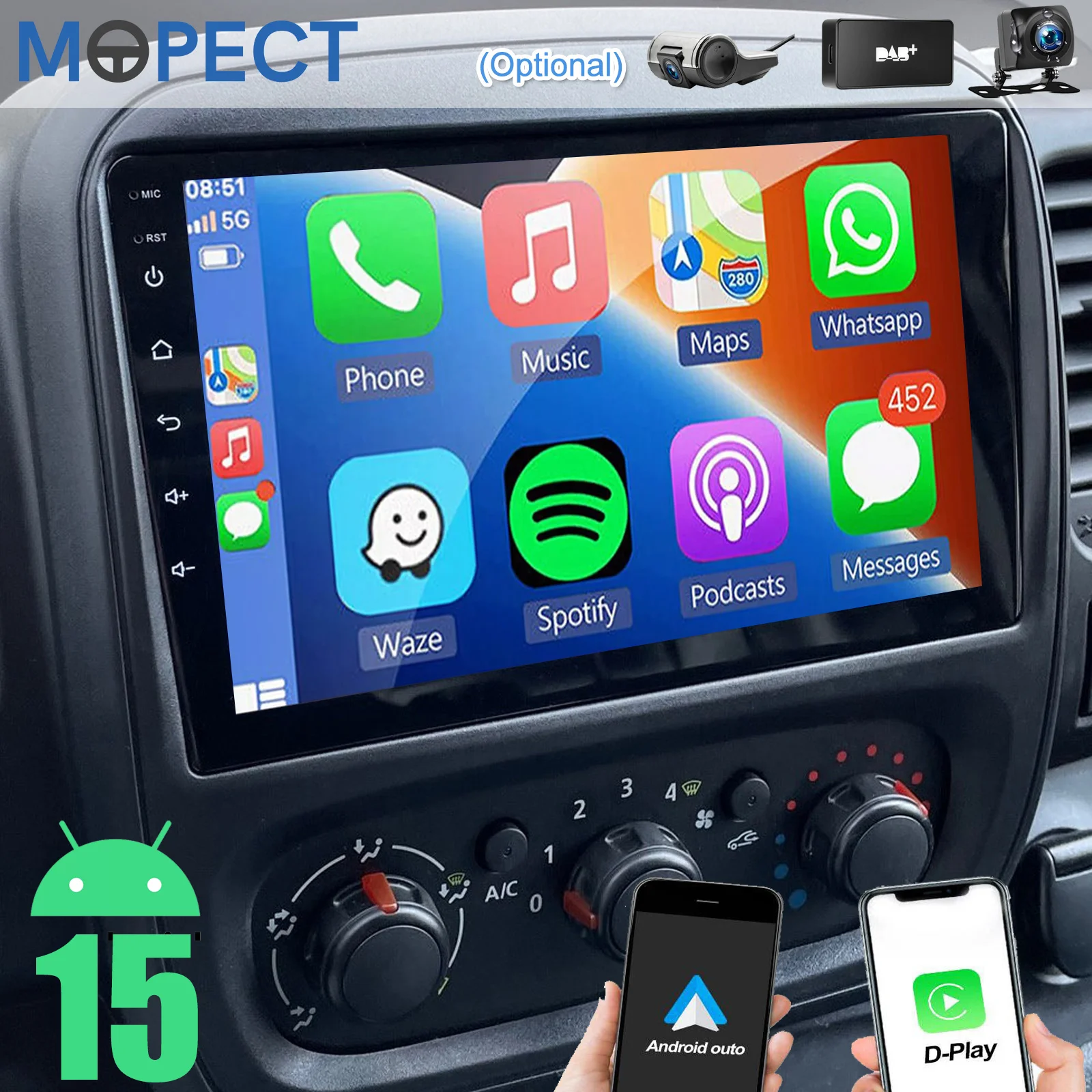 MOPECT 64GB Android 15 Autoradio DVR DAB+ Android15 AM FM Für Vauxhall Vivaro B 2014-2019 Auto-Stereoanlage Carplay GPS BT WiFi Image