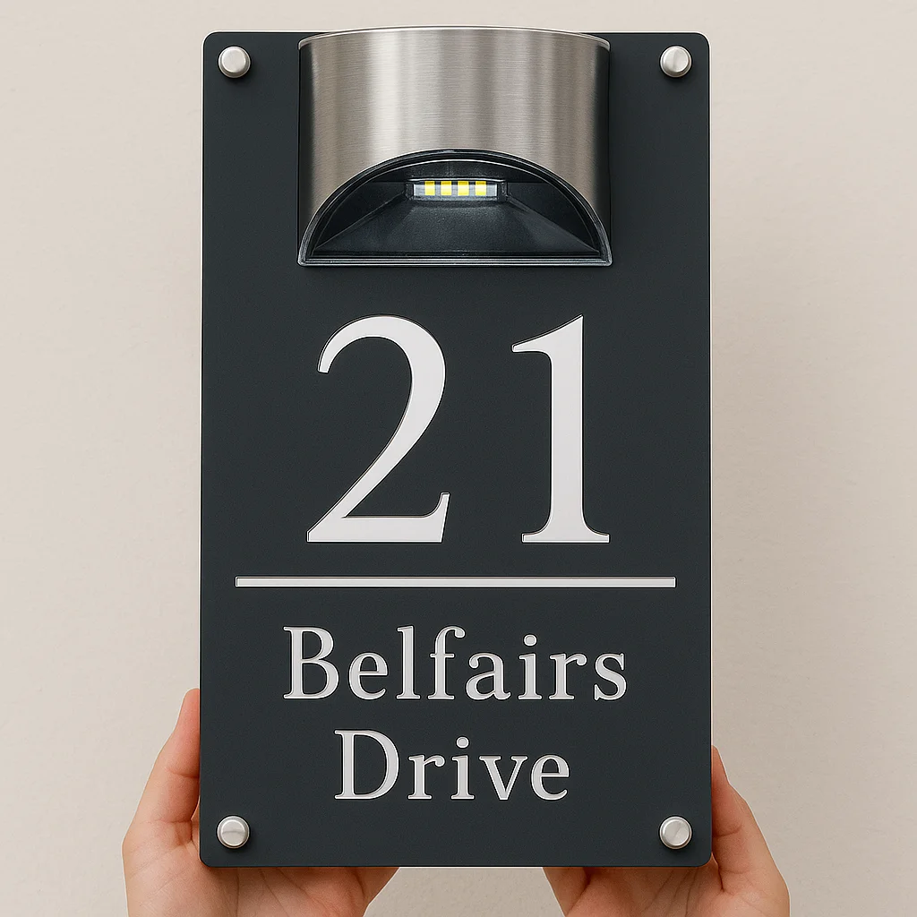 Personalisiertes solarbetriebenes LED-Hausnummernschild für den Außenbereich, wasserdicht, individuelles Adressschild, Familienname, moderne Wanddekoration für Zuhause Image