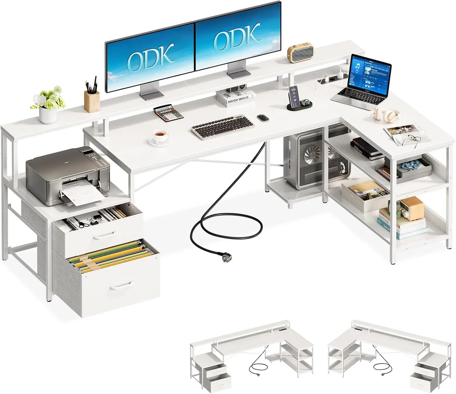 Coleshome Schreibtisch mit Schubladen, 189.3×100cm Reversibel Eckschreibtisch Groß mit 2 Steckdosen&USB Ladeanschluss, Weiß Image