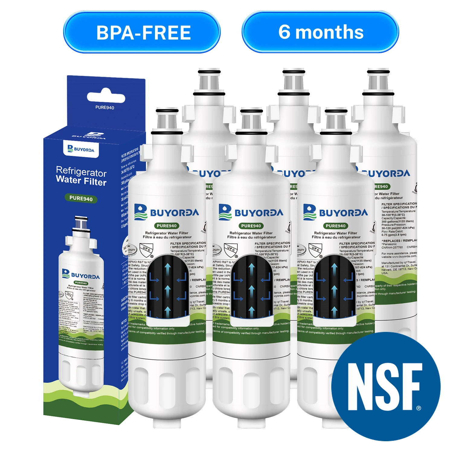 Kühlschrank-Wasserfilterkartusche CNRAH-257760 CNRBH-125950 – für Panasonic Twist Install Carbon Core Fresh Taste Odor Guard, 6er-Pack Image