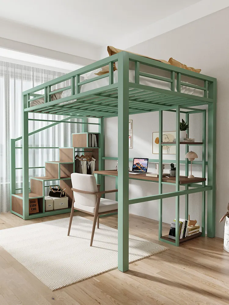 Kombination aus Hochbett und Tisch: Metall-Hochbett für den Haushalt, Duplex-Etagenbett, erhöhtes Bettgestell, Oberbett mit Hängebett Image