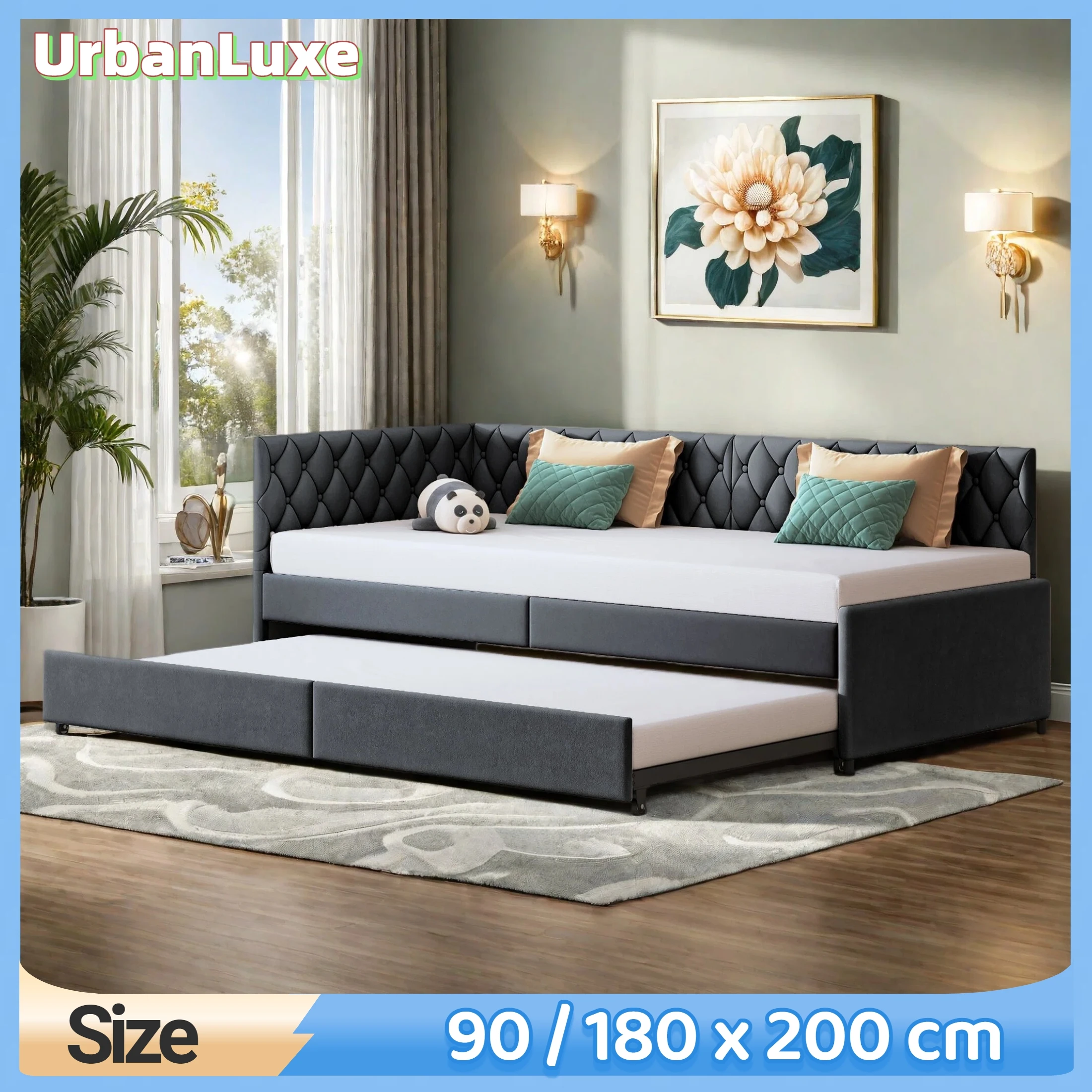 Schlafsofa, Doppelbett, Sofa, Bettgestell, Gästebett, 90/180 x 200 cm, mit Lattenrost, ausziehbar, Samt, grau