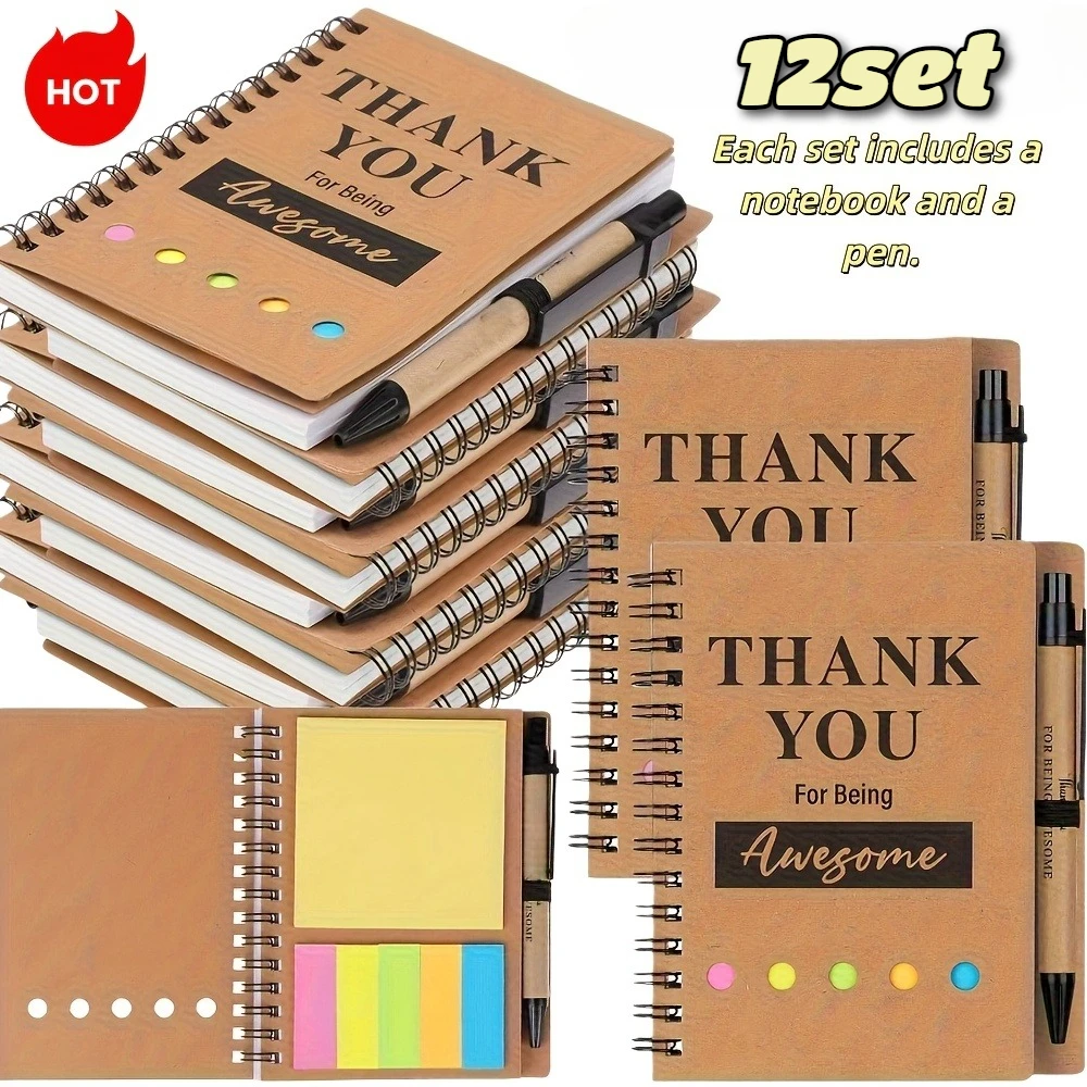 12 Stück Spiralnotizbücher mit Haftnotizen, farbigen Index-Tabs, Notizblöcken und Bambusstift für Studenten, Teams und Lehrer – ideal als Geschenk Image