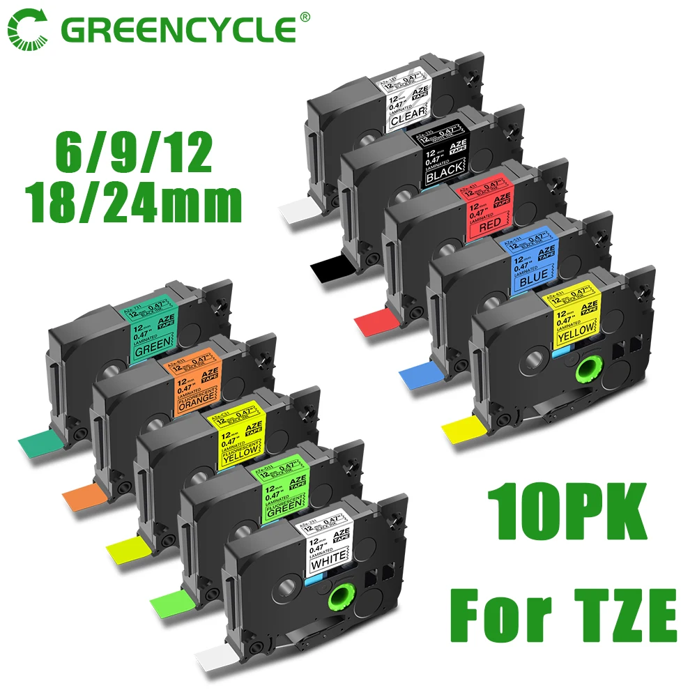 GREENCYCLE 10 Stück TZe231 241 251 335 Farbband kompatibel für Brother Ptouch Maker Schwarz auf Weiß Etikettenband 6 mm 9 mm 12 mm 18 mm 24 mm Image
