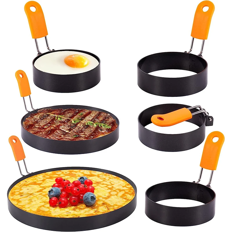 LMETJMA Eierringe Pfannkuchenform Set Set Edelstahl Spiegelei Ring Bratpfanne Pfannkuchenformer mit Silikongriff JT195 Image