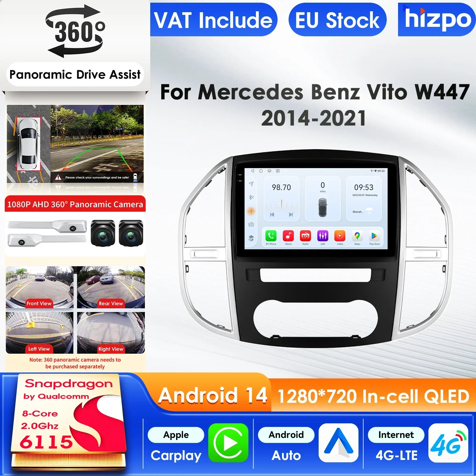 Hizpo 2Din Carplay 4G Android Auto Radio Multimedia Video Player für Mercedes Benz Vito W447 2014 - 2021 AI GPS Navigation Stereo Image