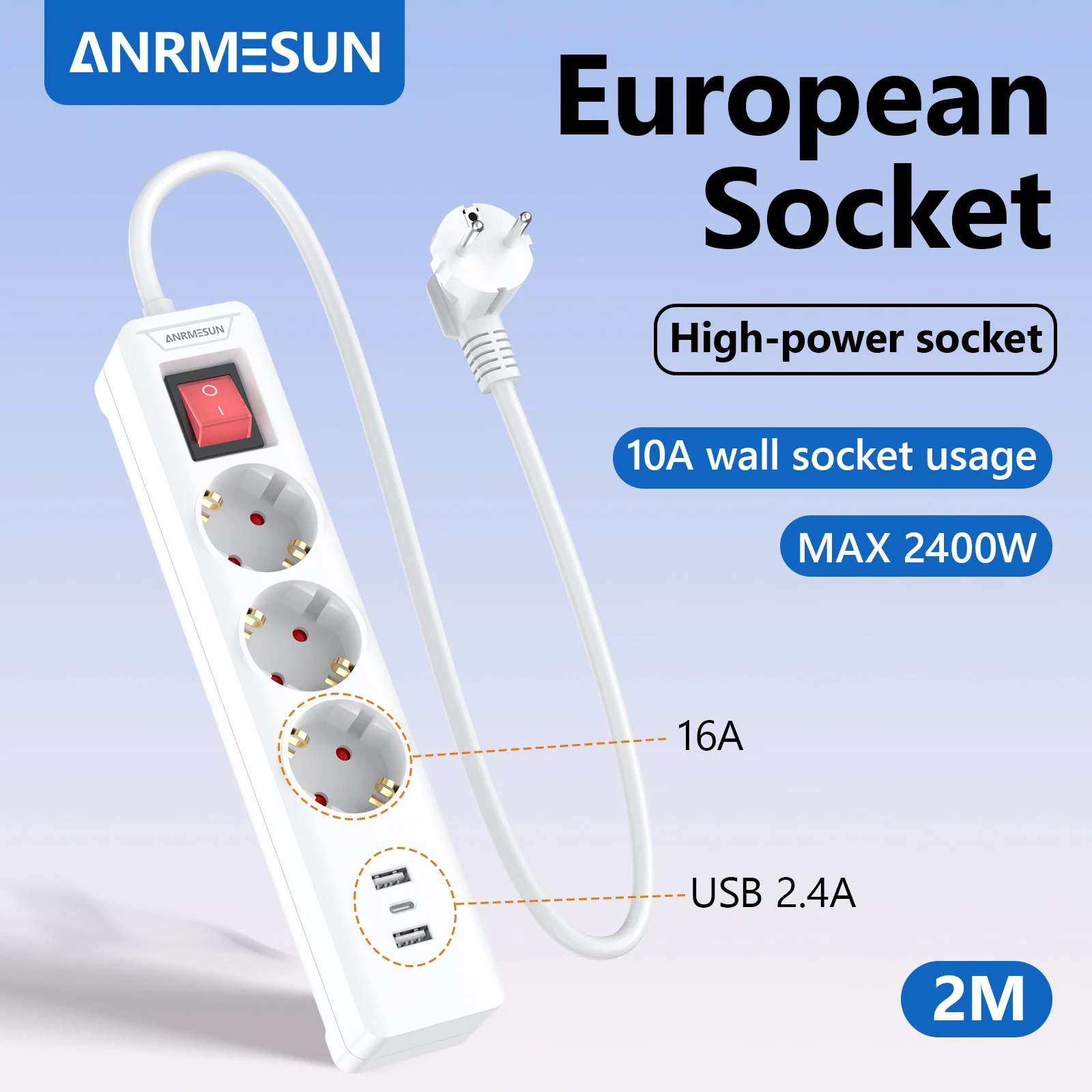 EU-Stecker-Steckdosenleiste, mehrere Steckdosen, 2 m Verlängerungskabel, Steckdose mit 2 USB-Anschlüssen, 1 Typ-C-Anschlüsse, 3 Steckdosenadapter mit Image