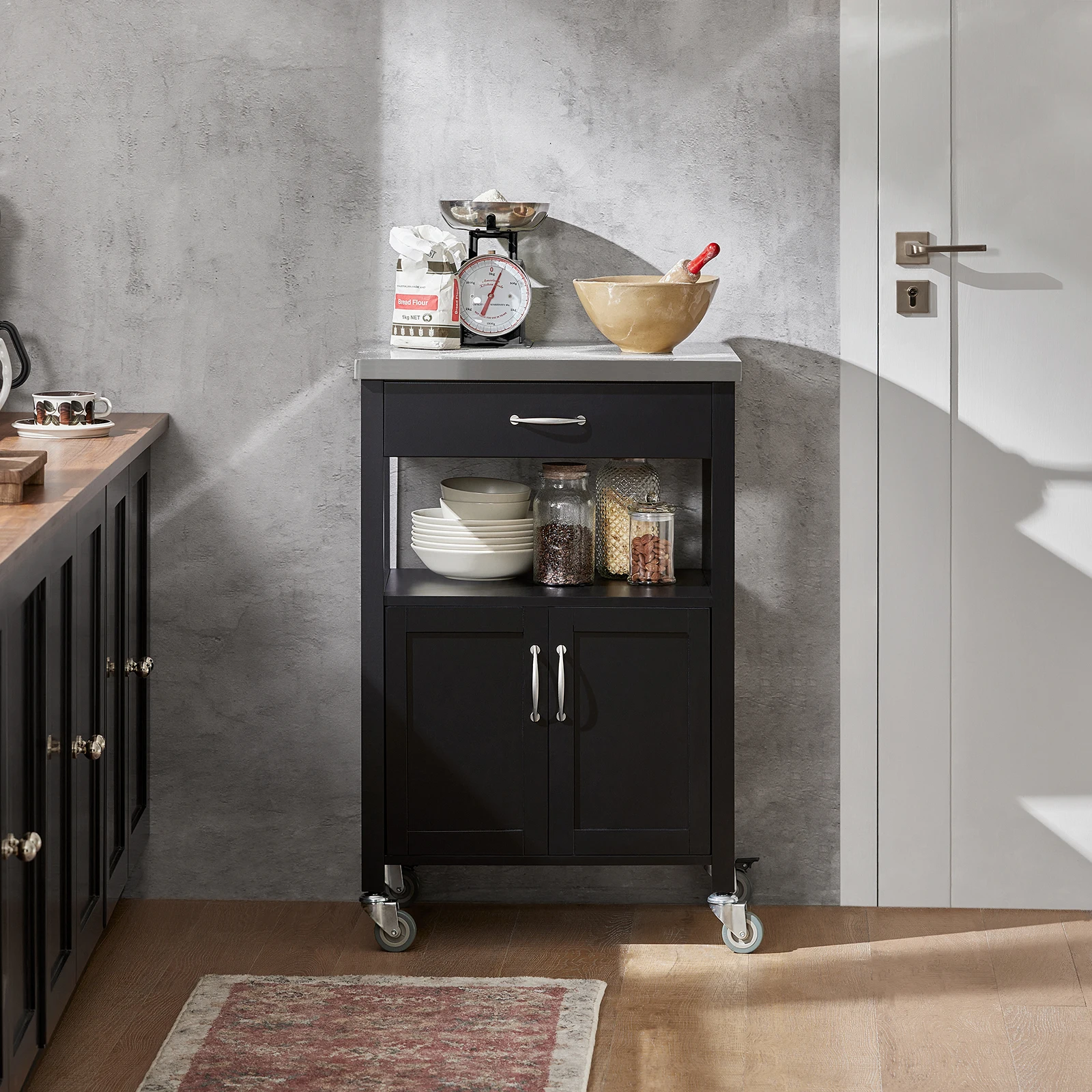 SoBuy FKW22-SCH Küchenwagen mit Arbeitsplatte Beistelltisch Holz Rollwagen Küchenregal für Küche, Outdoor 60x92x45CM