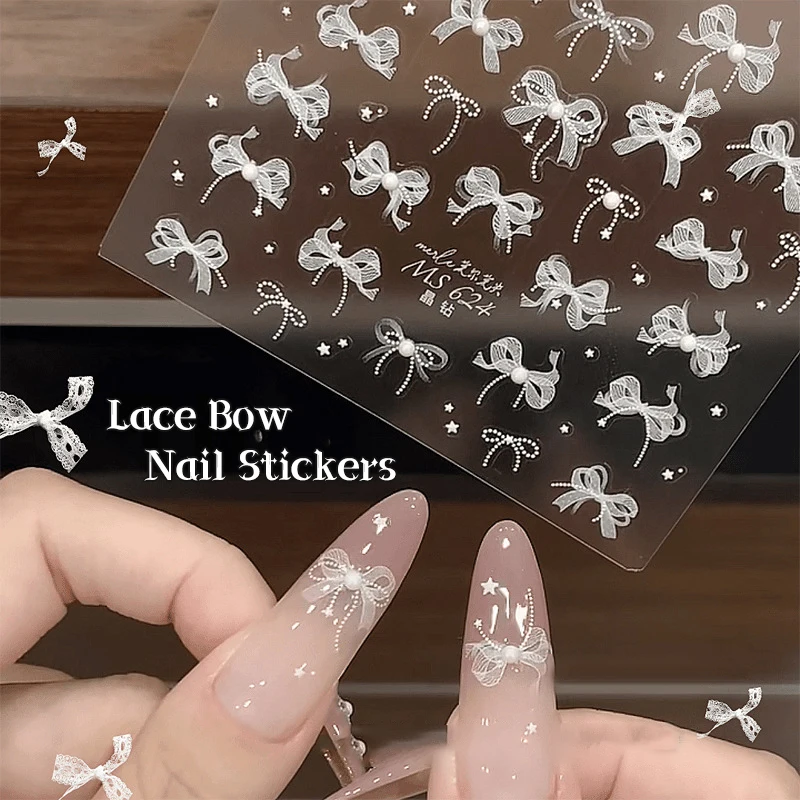 YY30 5D Weiße Spitzen-Schleifen-Nagelkunst-Sticker Perlen-Strass-Nageldekoration Klebe-Aufkleber Slider DIY Zubehör Image
