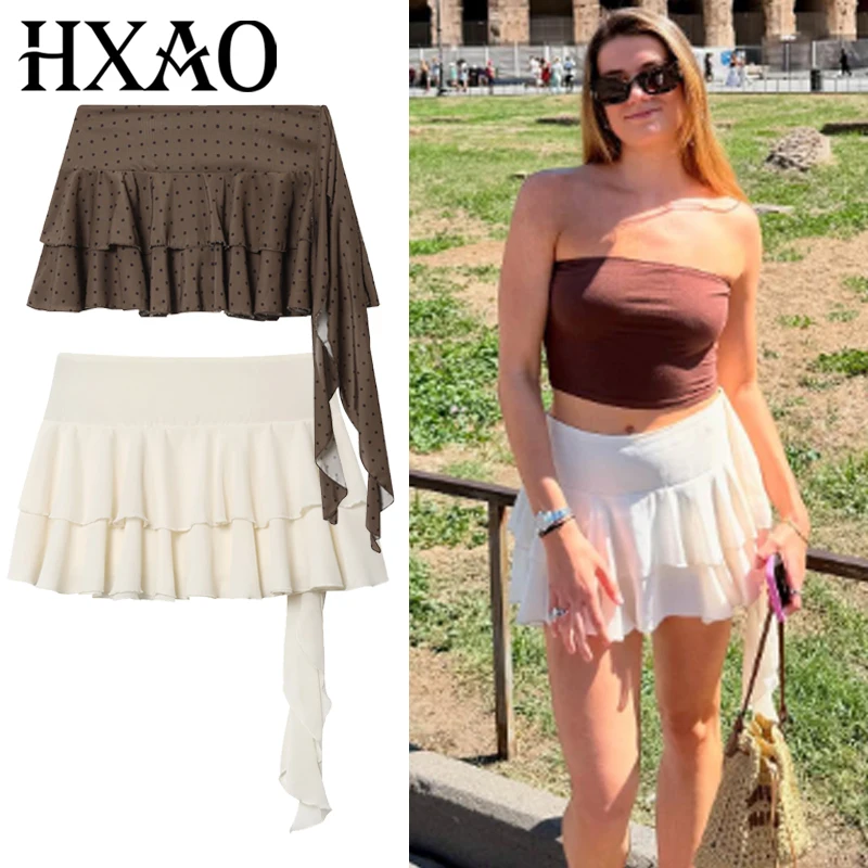 HXAO Layered Chiffon Rock Shorts Damen Mode Mini Hohe Taille Lace-Up Culottes Weibliche Rüschen Beige Röcke Fairycore Culottes Image