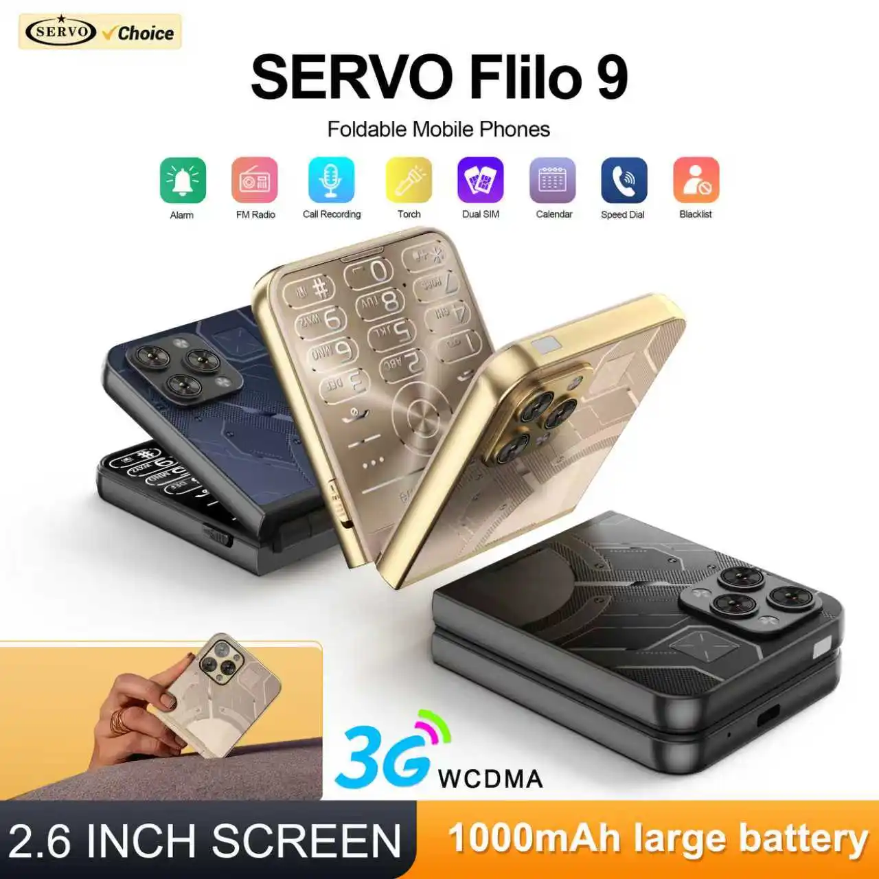 SERVO Flilo9 faltbares Mobiltelefon 3G WCDMA Dual SIM Standby Speed Dial Anrufaufzeichnung FM Radio Blacklist Button Flip-Handys Image
