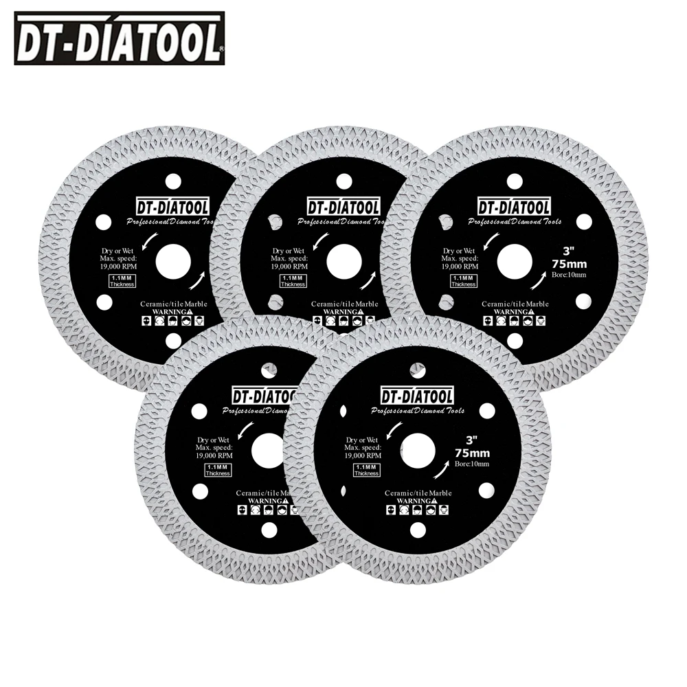 DT-DIATOOL Fliesentrennscheibe 3/5 Stück 75 mm (3 Zoll) Sägeblatt mit X Mesh Turbo zum Schneiden von Porzellanfliesen, Marmor, Keramik, Granit, Stein Image