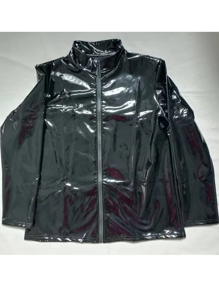 S-7XL Wet-Look PVC Langarm-T-Shirt Glänzende PU-Lederjacke Mantel Enganliegende Hip-Hop Performance-Tees Motorrad-T-Shirt Biker-Oberteile