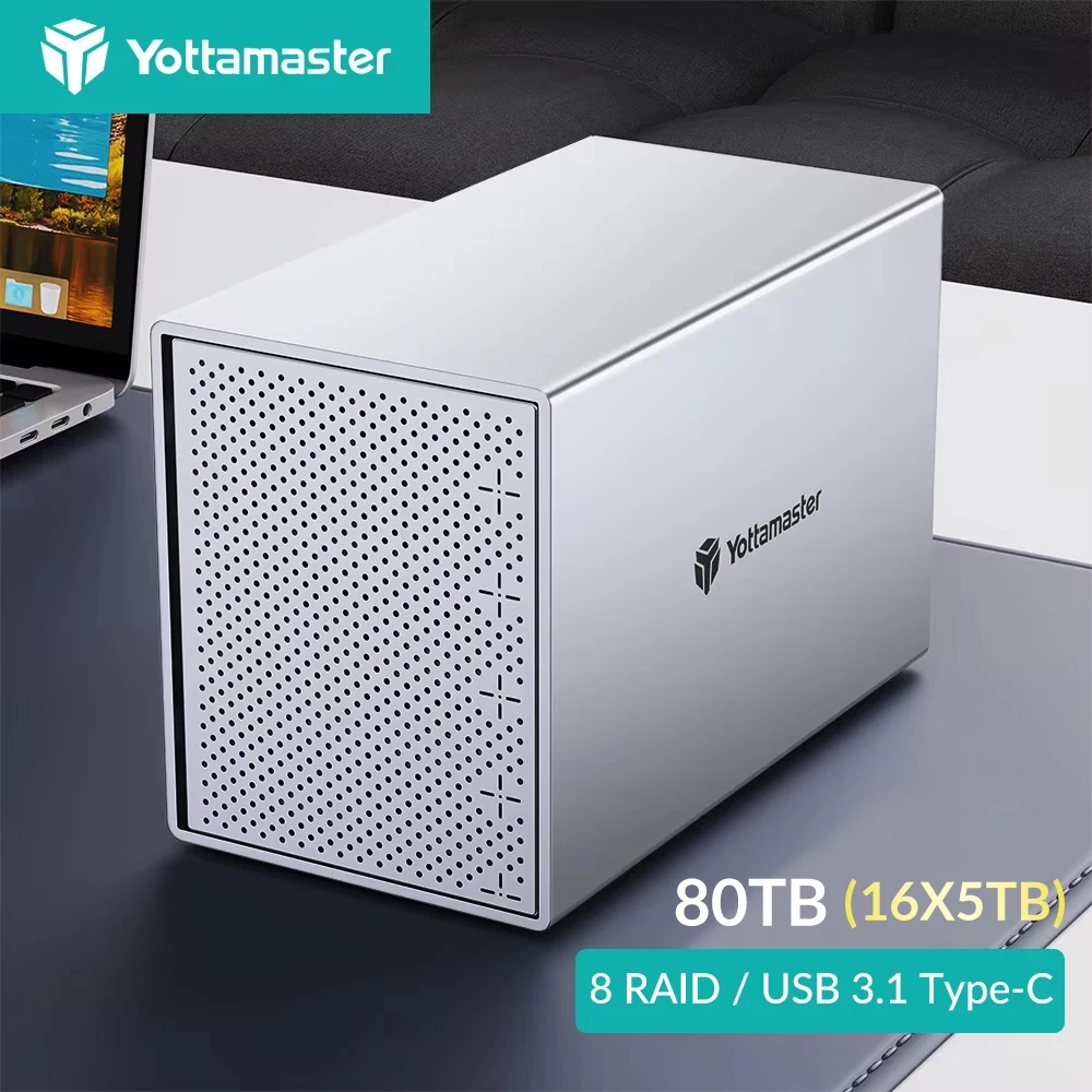 [PS500R] Yottamaster 5-Bay-RAID-Gehäuse für externe Festplatten, Aluminium-USB-RAID-Gehäuse, unterstützt 2,5 Zoll 3,5 Zoll SATA HDD SSD 5 x 16 TB Image