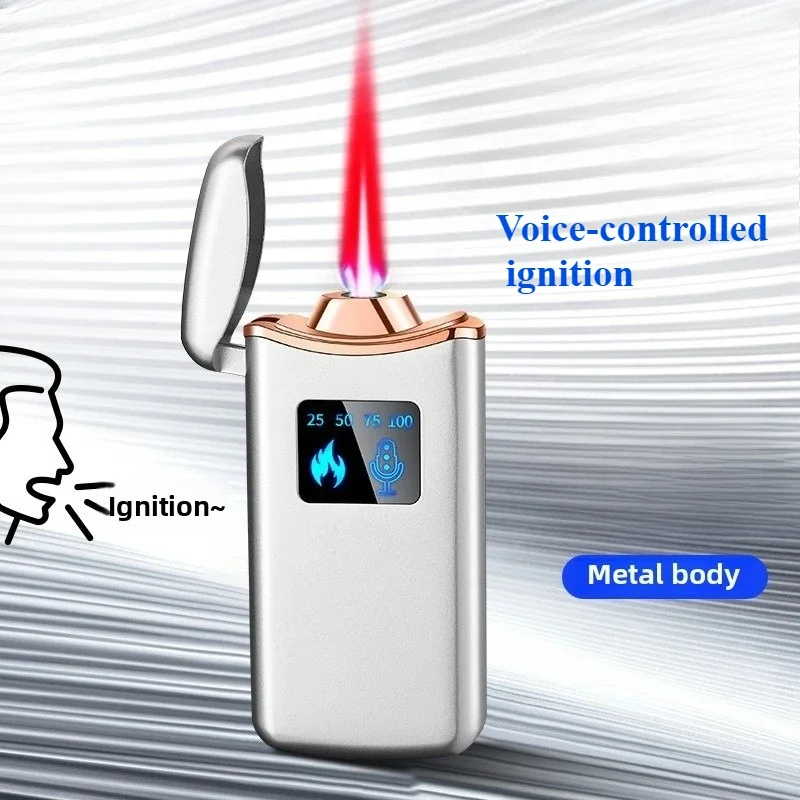 Hochwertiges, intelligentes, sprachgesteuertes, winddichtes Feuerzeug aus Metall mit mattierter Textur, vier Arten von Zündfeuerzeugen, rote Flamme Image