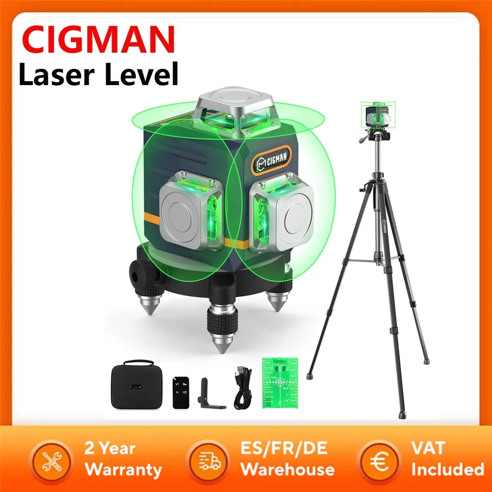 CIGMAN CM-701T 3x360 ° Laser-Wasserwaage mit 1,5 m Stativ, Fernbedienung, selbstnivellierend, 3,7 V 4000 mAh Akku, IP54-IP-Bewertung Image