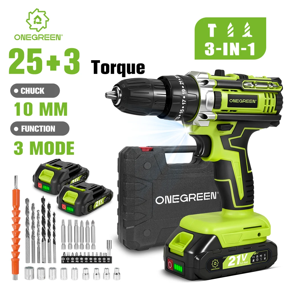 ONEGREEN 25+3 Drehmoment Akku-Schlagbohrschrauber, 3 Modi, 2 Gänge, Holzbearbeitungs-Schraubendreher, Elektrowerkzeug für Makita-Akkus Image