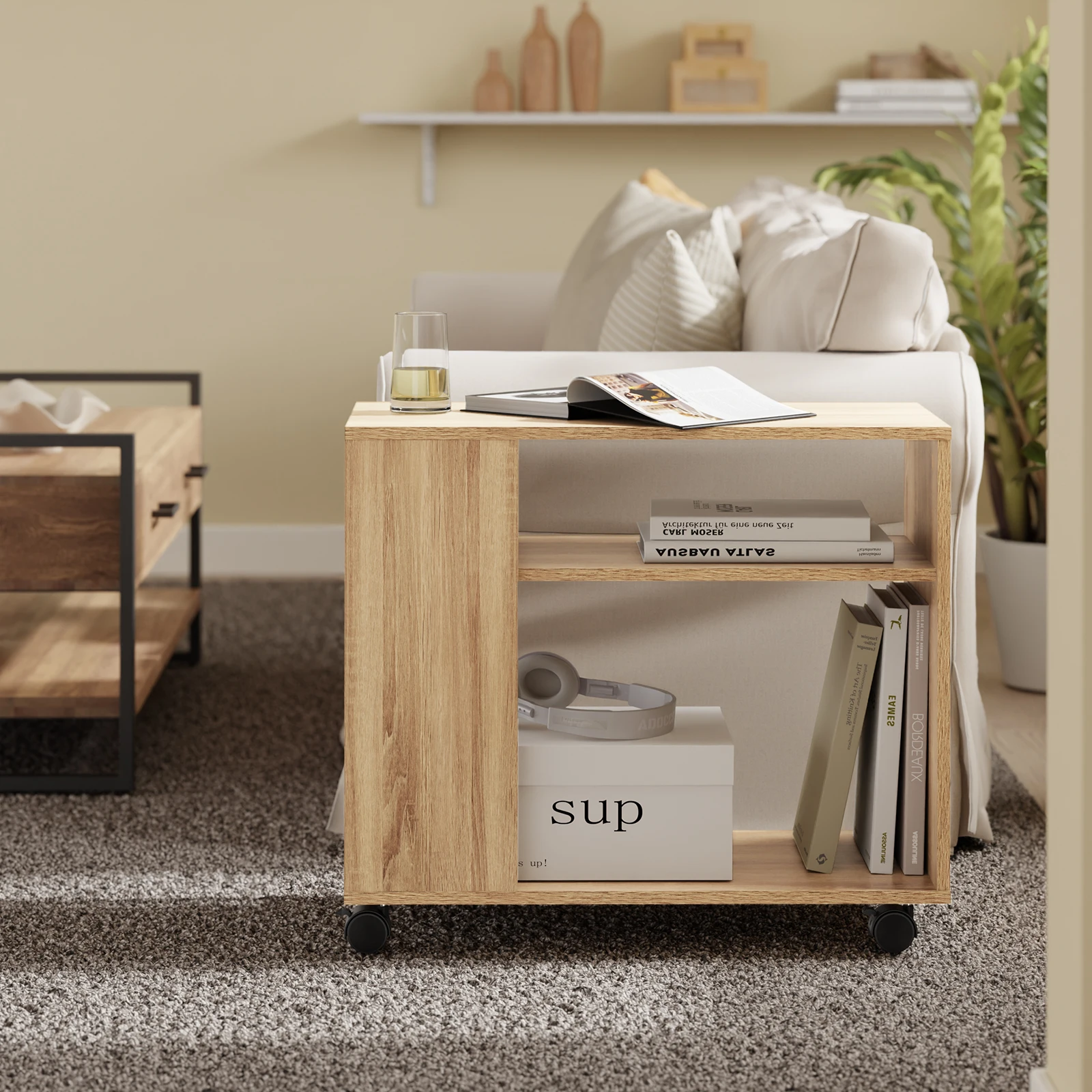 SoBuy FBT34-N Beistelltisch mit Rollen, 2-stufiger Rollender Beistelltisch mit Ablagefächern für Wohnzimmer Büro 70x35x60CM