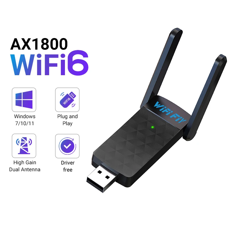 1800 Mbit/s WiFi 6 USB-Adapter 5G/2,4 GHz USB3.0 Wi-Fi-Dongle Wireless 802.11ax Netzwerkkarte High Gain-Antenne für Windows 10 11 Image