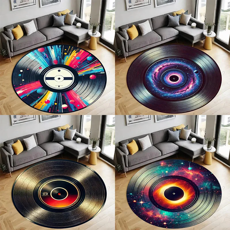 Plakette mit Musikmotiv, runder Teppich mit Musikmuster, Musikmotiv, Filmmusik-CD-Teppich, rutschfeste Bodenmatte mit Musiknoten Image