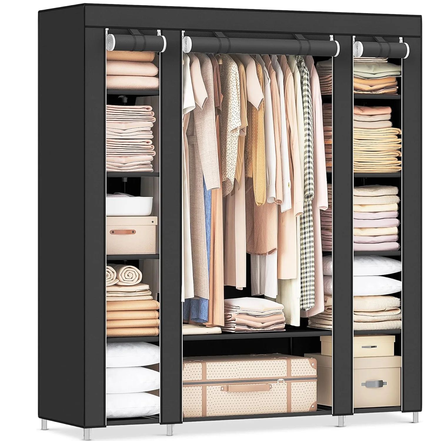 Stoff-Aufbewahrungsschrank, Kleiderschrank mit Abdeckung, Kleiderschrank, Garderobe, Kleid, 45x150 x cm, 12 Fächer, Metallrahmen, für Schlafzimmer, Garderobe, Schwarz