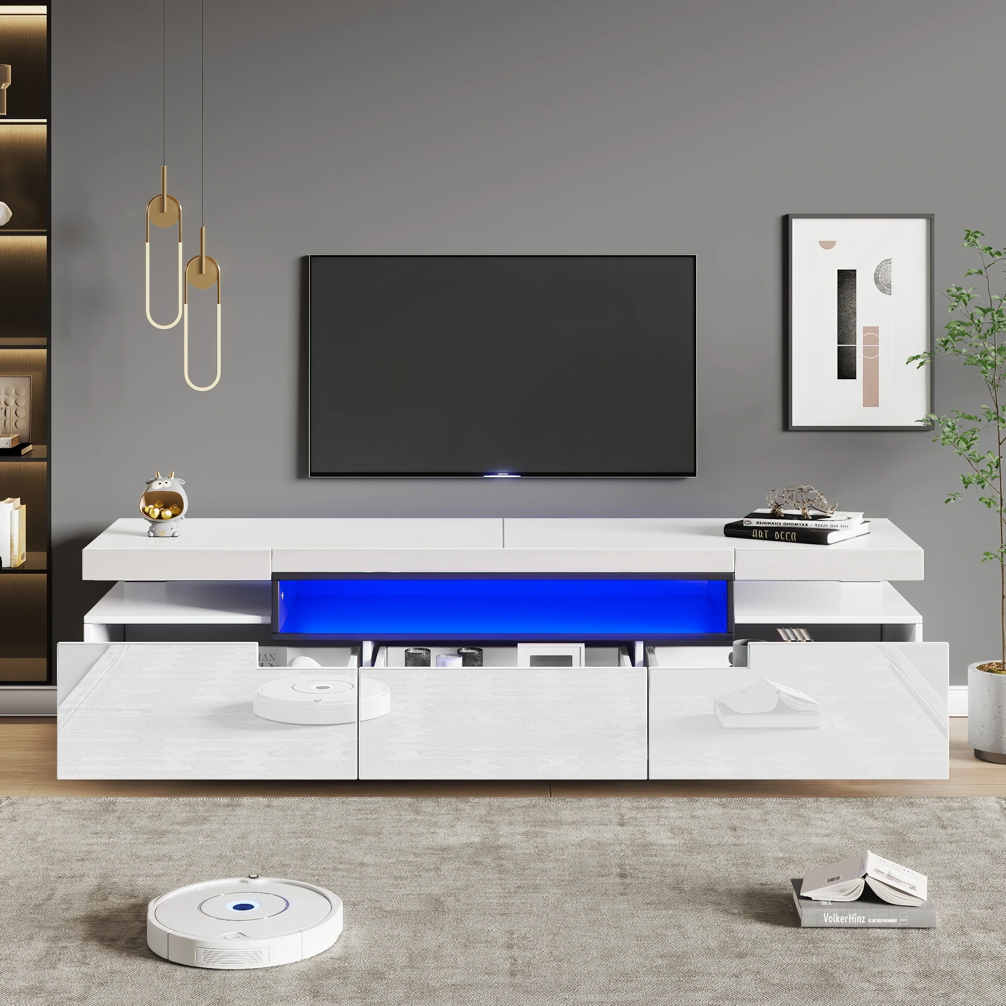 KOMHTOM Weißer Hochglanz-TV-Schrank 160x39x42cm - 16 Farben LED-Beleuchtung, Platz für 70 Zoll Fernseher, inklusive 3 Schubladen Image