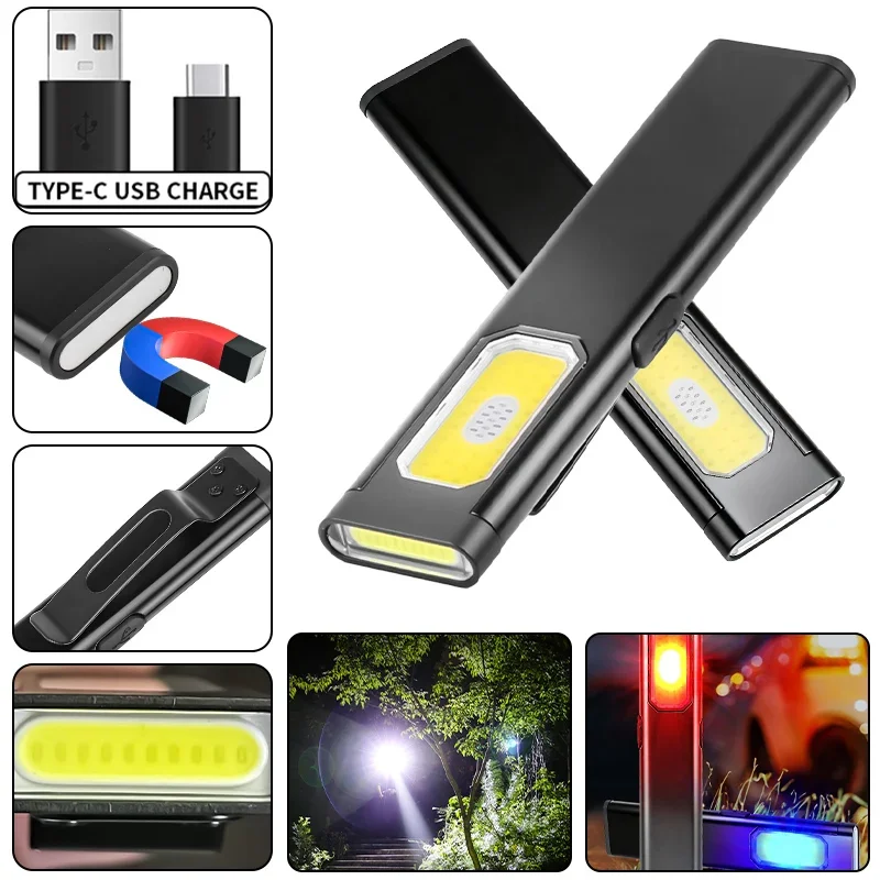 Neue tragbare COB-LED-Taschenlampe aus Aluminiumlegierung mit magnetischem Schwanz, USB-Aufladung und Clip für Outdoor-Arbeitsleuchte, Wandern und Camping Image