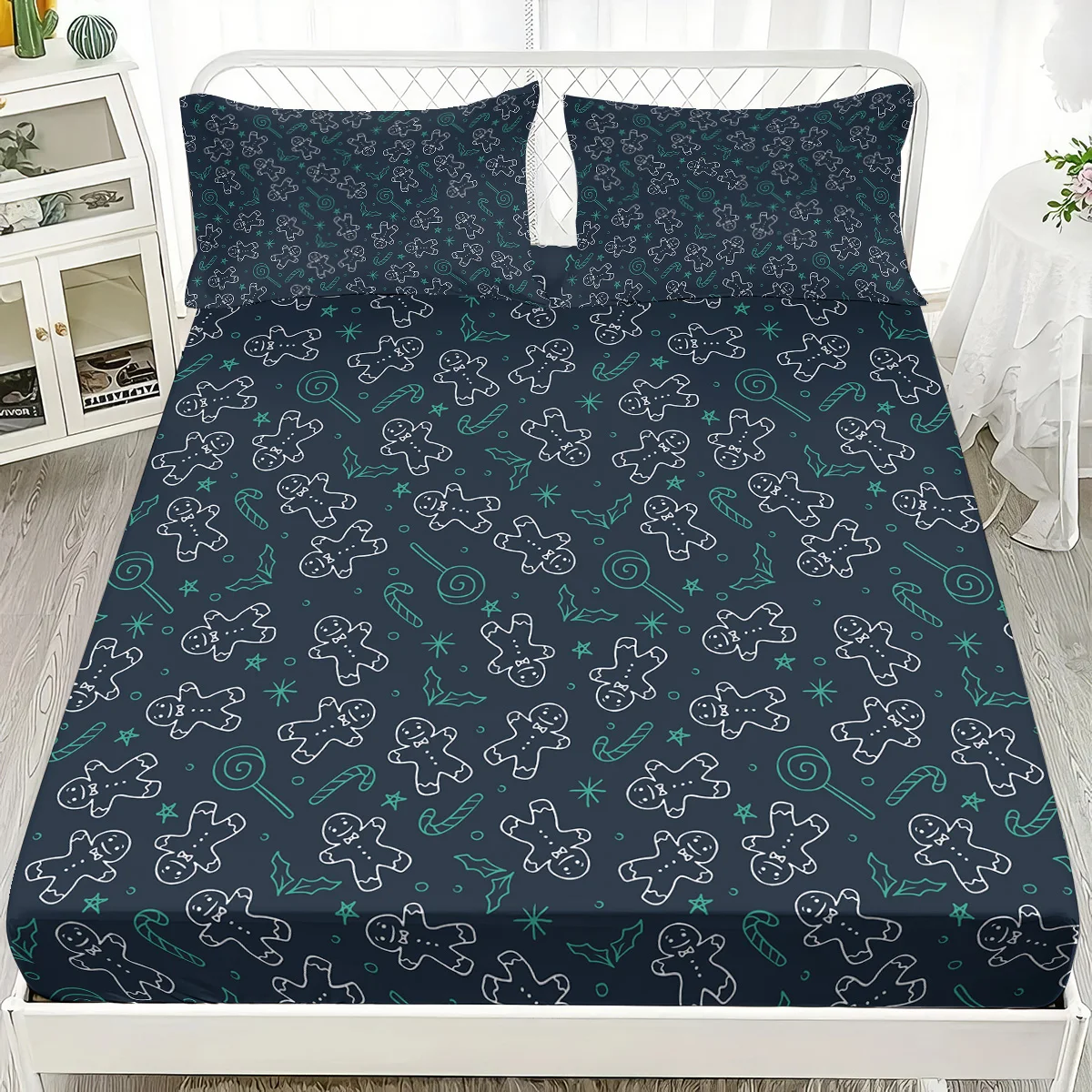 3 stücke Frohe Weihnachten Lebkuchenmann Schwarz Druck Kernlosen Bettlaken Set Multi Größe Bettdecke Schlafzimmer Bettwäsche Urlaub Dekoration Image