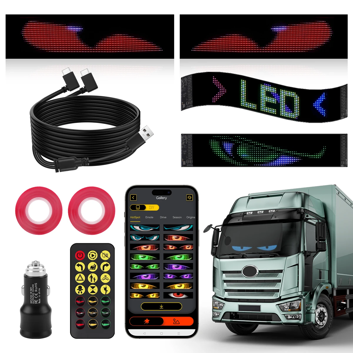 Auto-Teufelsaugen-Licht, weicher LED-Bildschirm, DIY, bunte Auto-Windschutzscheibe, dynamisches LED-Smartphone, wasserdicht, IP44, App-Steuerung, 9,2 x 37,4 cm Image