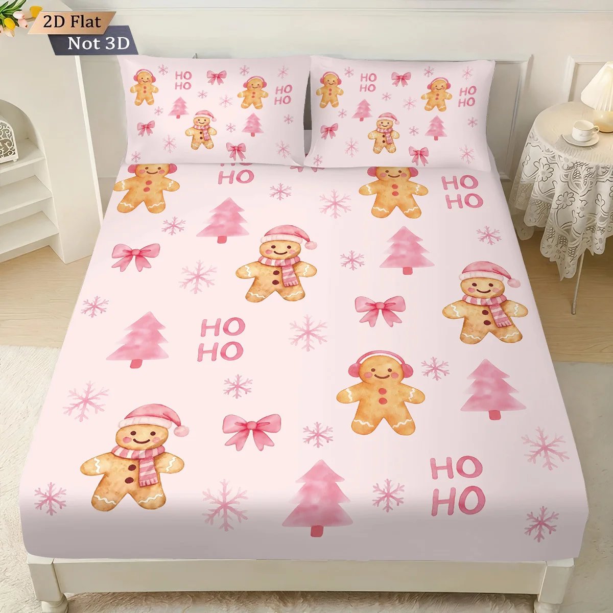 3 Stück Frohe Weihnachten Lebkuchen-Druck kernloses Bettlaken-Set in mehreren Größen, weiche Bettbezüge, Schlafzimmer-Bettwäsche-Dekorationen Image