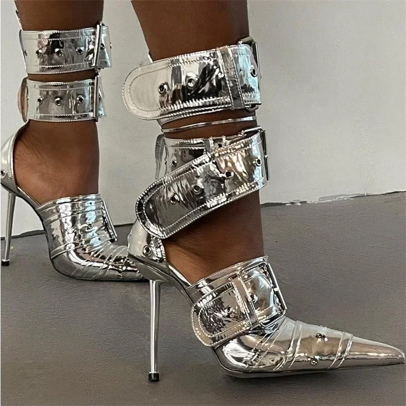 Denim Metall Niet Schnalle Silber Sandalen Damen sexy Punk-Stil spitzen Metall hohl 12cm High Heels Größe 34-43 Damenschuhe