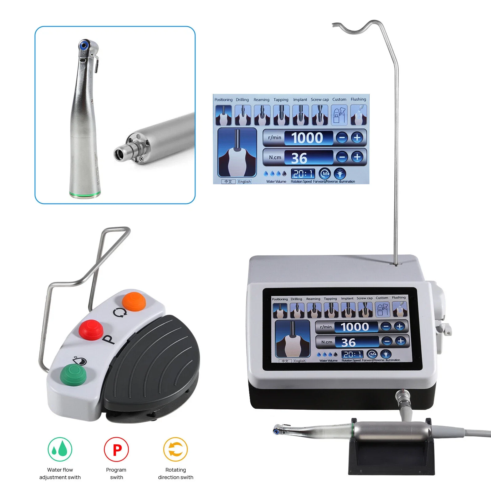 Dental Implantat Motor System Chirurgische Bürstenlosen Touchscreen +20:1 Fiber Optic Contra Angle Handstück Fit Nsk Image